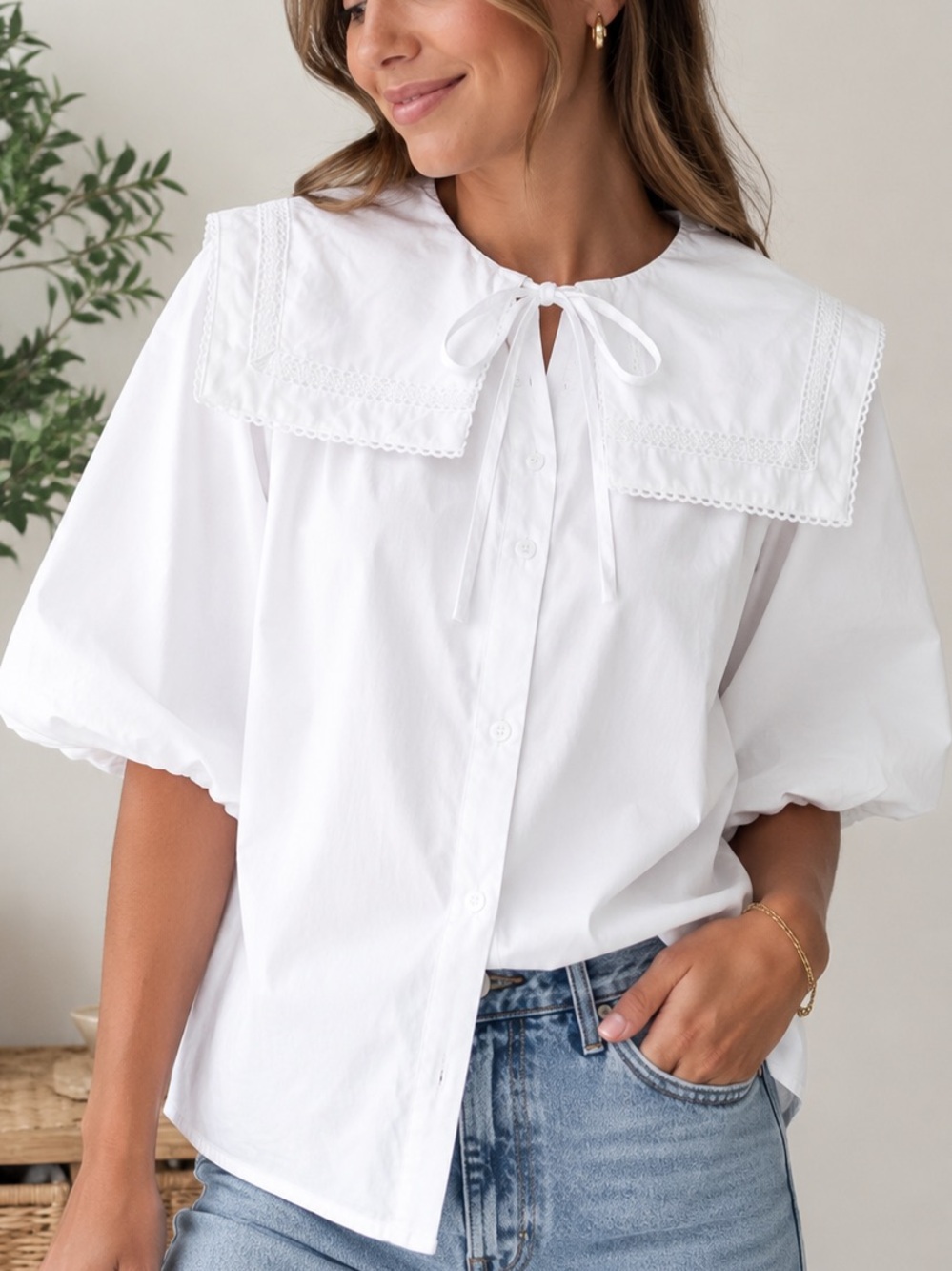 Japanese Cottagecore Sailor Collar Blouse White Lace Balloon Sleeve Top L XL - Picture 1 of 8